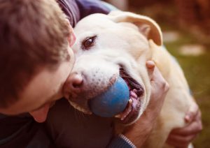 Man hugging dog reward for fetching